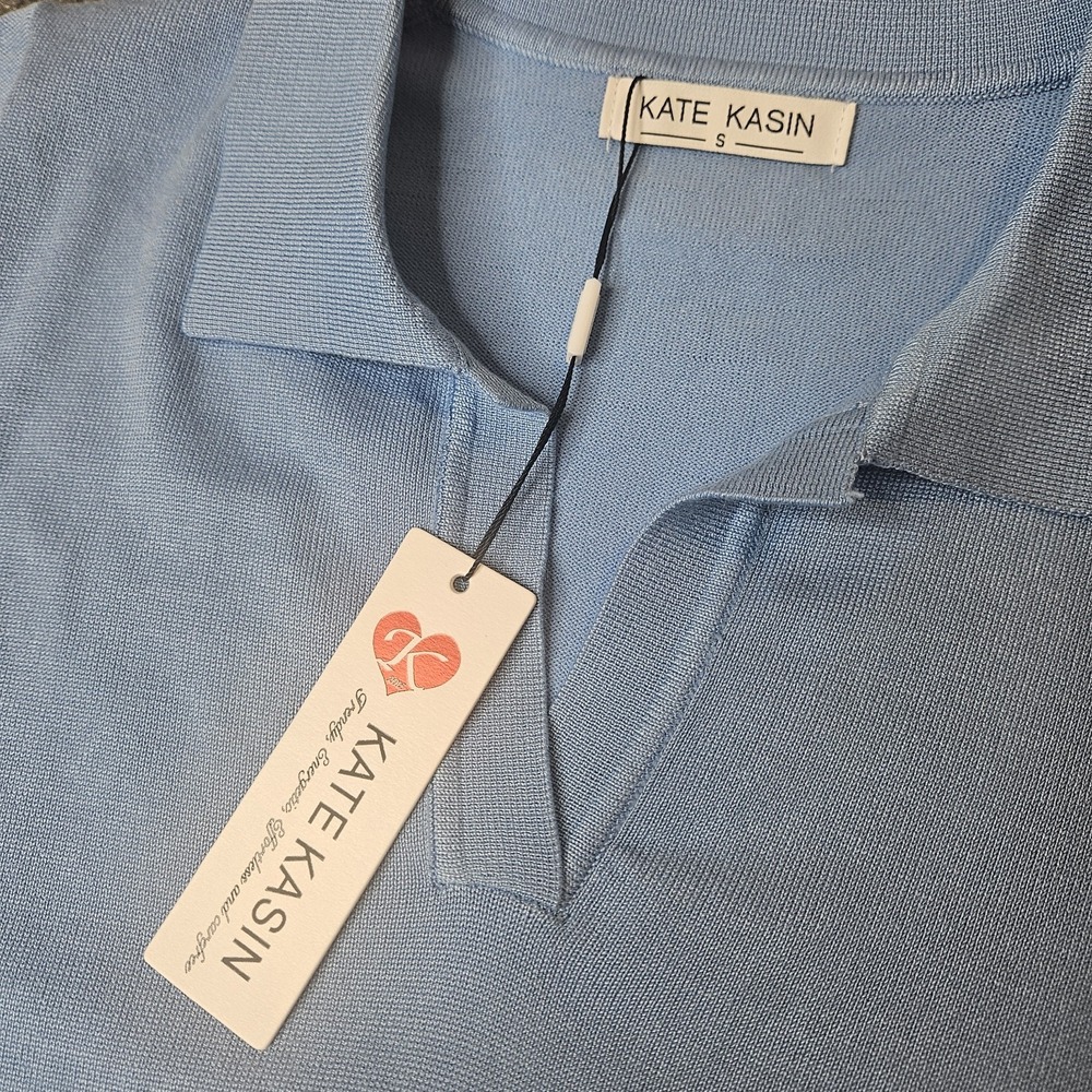 NWT Kate Kasin Short Sleeve‎ Sweater Size Small Blue Collar Vneck Versatile